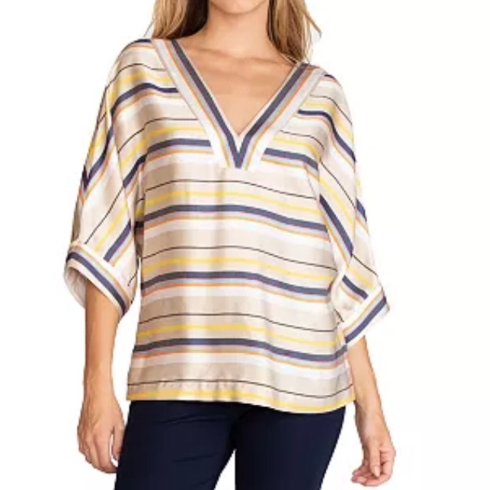 Trina Turk oversize V-neck dahlman sleeve navy, orange and yellow blouse XS